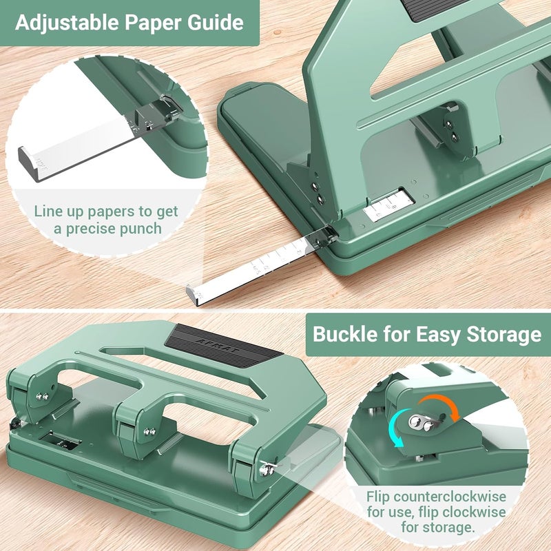 AFMAT Heavy Duty 3 Hole Puncher, 40-Sheet Three Hole Punch Heavy Duty, 50% Reduced Effort Paper Punch, 10K+ Uses, Metal Hole Puncher 3 Ring w/Large Tray, Bulit-in S.S. Paper Guide HPX2(Green) - Image 5
